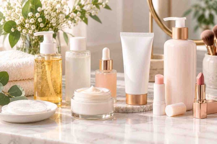 Beauty products every woman should have including cleanser, moisturizer, sunscreen, serum, lip balm, and lipstick