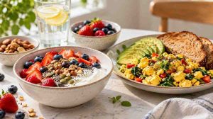 High protein breakfast without protein powder with Greek yogurt, berries, avocado toast, and tofu scramble