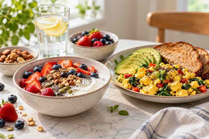 High protein breakfast without protein powder with Greek yogurt, berries, avocado toast, and tofu scramble