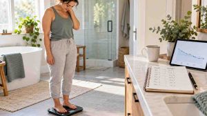 Woman weighing herself in the morning while tracking weight trends for weight loss and maintenance