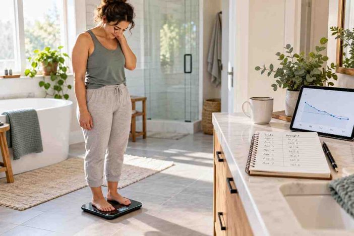 Woman weighing herself in the morning while tracking weight trends for weight loss and maintenance