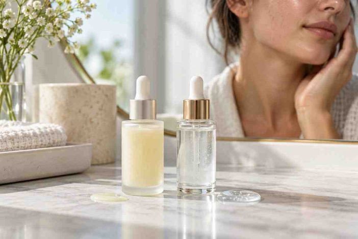 Azelaic acid vs niacinamide skincare serums shown side by side
