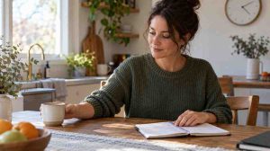 Adult planning a caffeine cutoff before bed using a coffee cup and a simple sleep log.