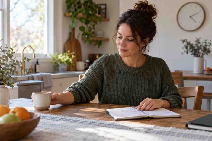 Adult planning a caffeine cutoff before bed using a coffee cup and a simple sleep log.