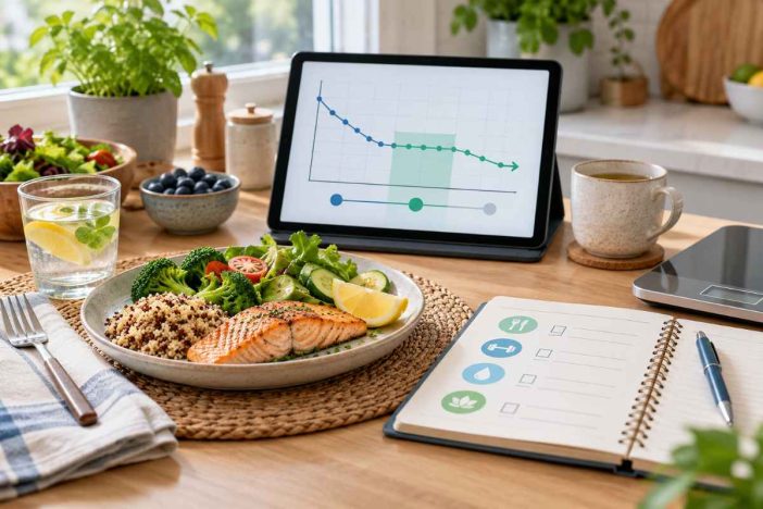 Diet break for weight loss with balanced maintenance meal and weight trend chart