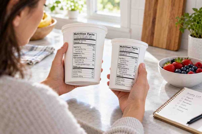 How to read protein on nutrition labels by comparing two yogurt containers and their serving sizes
