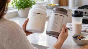 Shopper comparing protein powder labels to see whether the products are ultra-processed