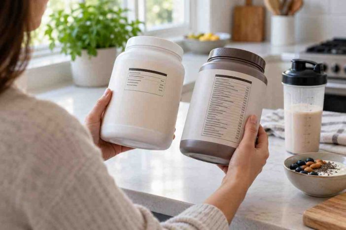 Shopper comparing protein powder labels to see whether the products are ultra-processed