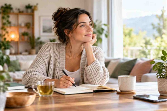 Mental health and stress management through journaling and mindful reflection in a peaceful home setting