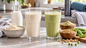 Whey protein vs plant protein shakes shown side by side for comparison