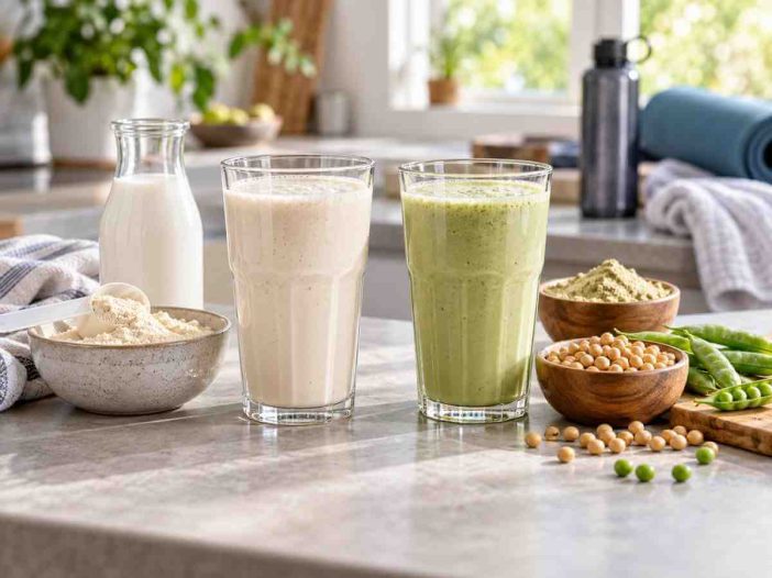 Whey protein vs plant protein shakes shown side by side for comparison