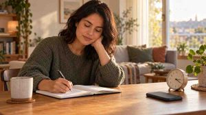 Adult using the worry time technique by writing in a notebook beside a small clock.