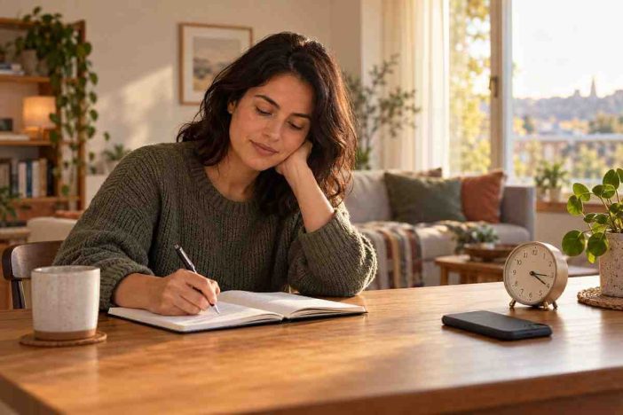 Adult using the worry time technique by writing in a notebook beside a small clock.